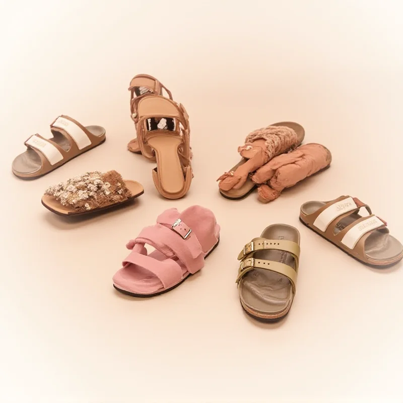 A selection of different styles and colors of Birkenstock sandals for women, highlighting comfort and style.