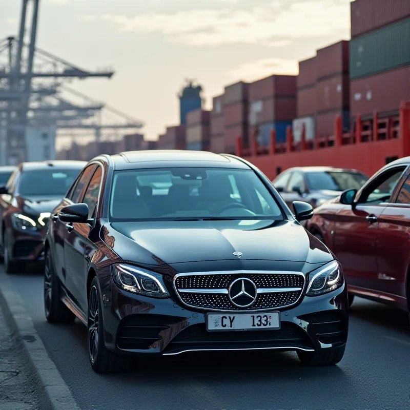 Image of cars being imported, with a focus on tariffs.