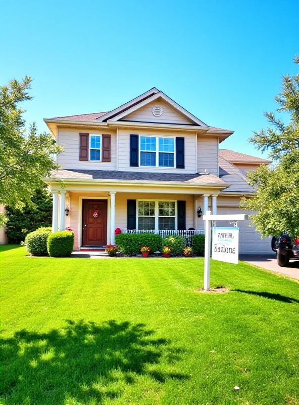 A house with a 'For Sale' sign in the front yard, sunny day.