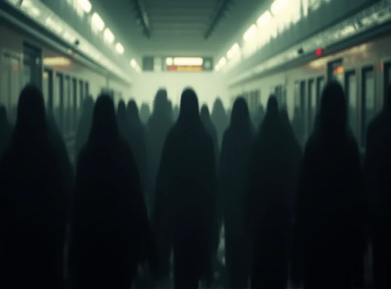 Image of a crowded train station with blurred figures, focusing on the emotional atmosphere. Use muted colors and a slightly desaturated look to convey a sense of sadness and urgency.