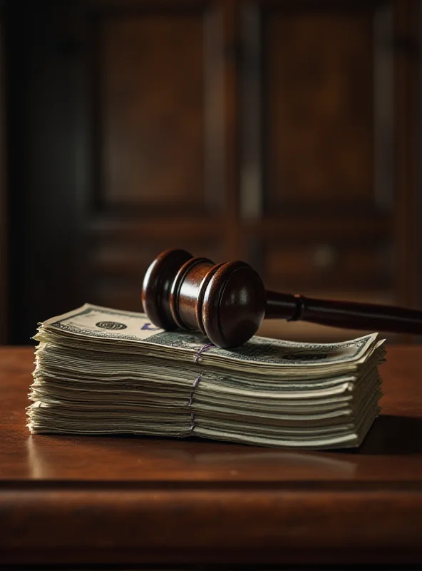 A gavel resting on stacks of money, representing commercial court cases and financial losses.