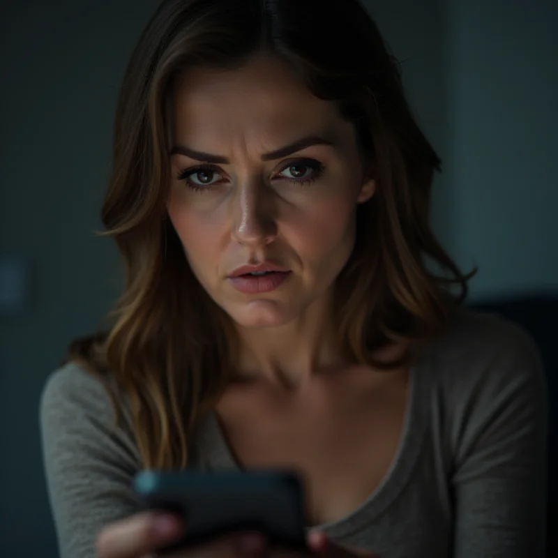 A concerned woman looking at her phone, highlighting the vulnerability to phone scams.