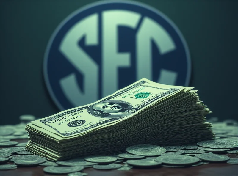 Illustration of a stack of money with the SEC logo faded in the background.