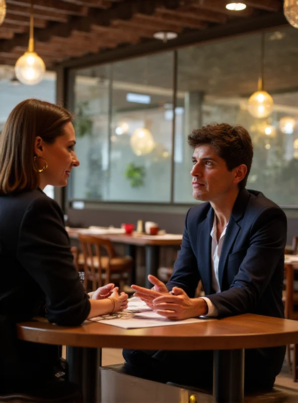 A hospitality lawyer consulting with a restaurant owner in a modern restaurant setting.