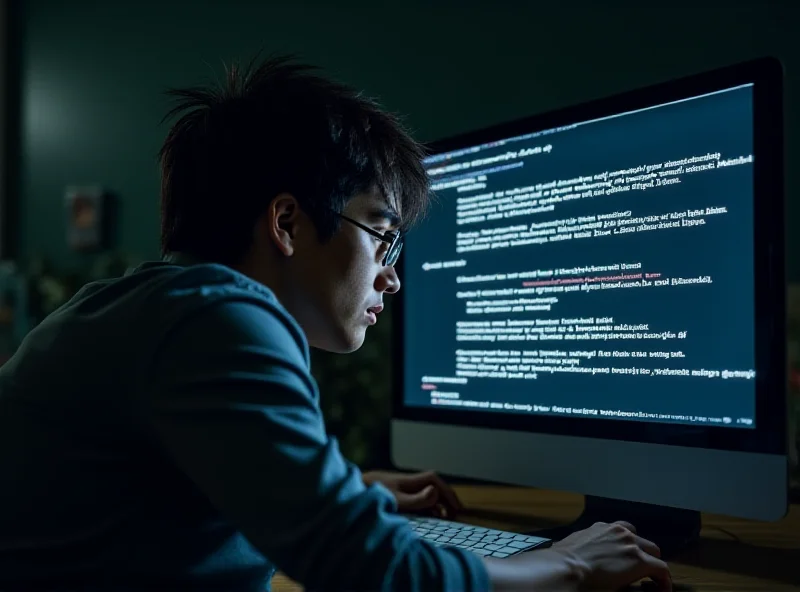 A stressed-out employee staring at a computer screen filled with code and placeholder text, symbolizing the error in the M&A announcement.