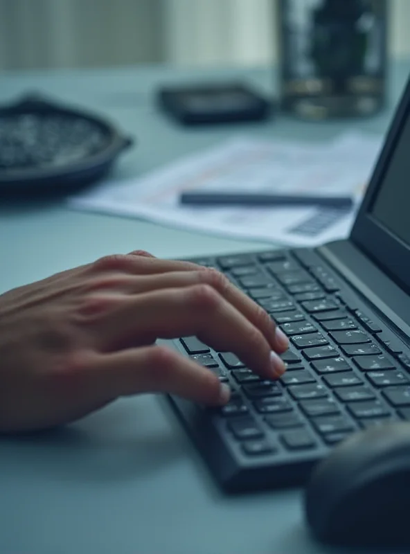 Close-up of fingers typing on a computer keyboard with a calculator in the background.