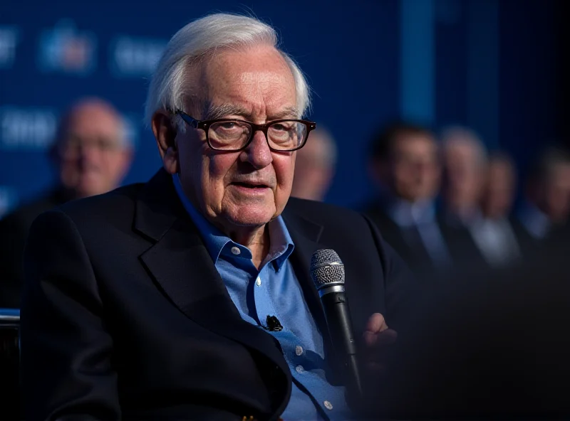 Warren Buffett speaking at a conference, looking thoughtful.