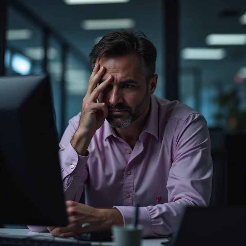 A sad or stressed-looking employee wearing a T-Mobile branded shirt in a modern office environment.