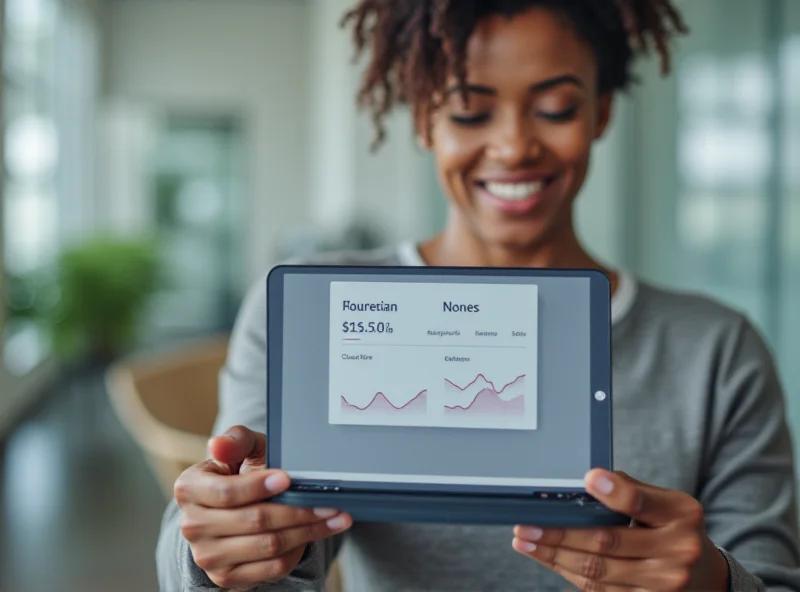 A person happily checking their bank balance on a tablet.