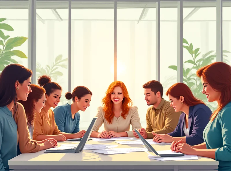 Illustration of a diverse group of people working collaboratively and peacefully in an office environment.