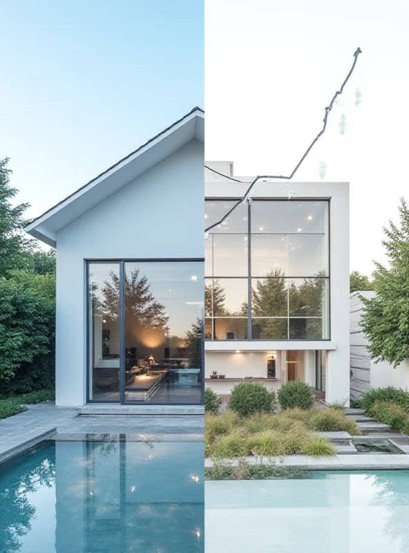 A split image showing a modern house exterior on one side and a graph representing investment growth on the other.