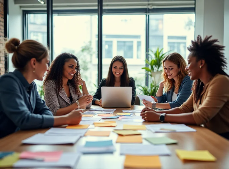 A diverse group of people working together in a modern office environment, brainstorming and collaborating on a project.