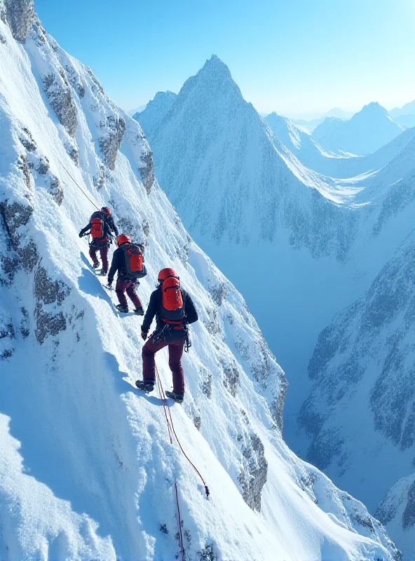 A group of people climbing a mountain together, roped together for safety, with a stunning mountain range in the background.