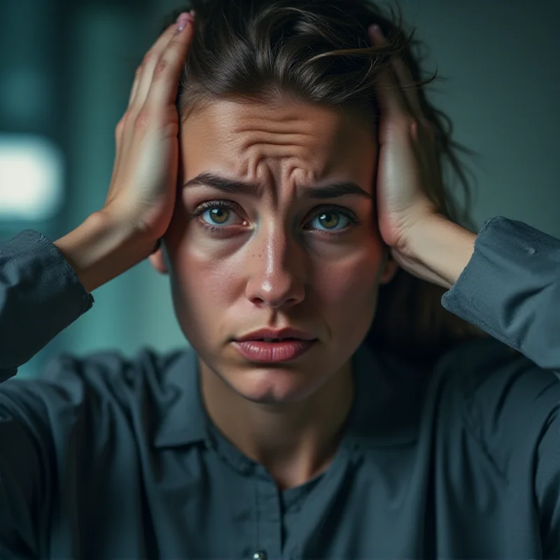 A close-up image of a person's face, looking stressed and concerned, with a blurred office environment in the background.