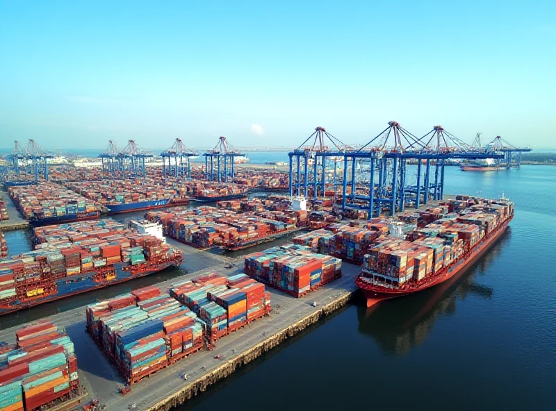 Aerial view of a busy shipping port with containers and cargo ships