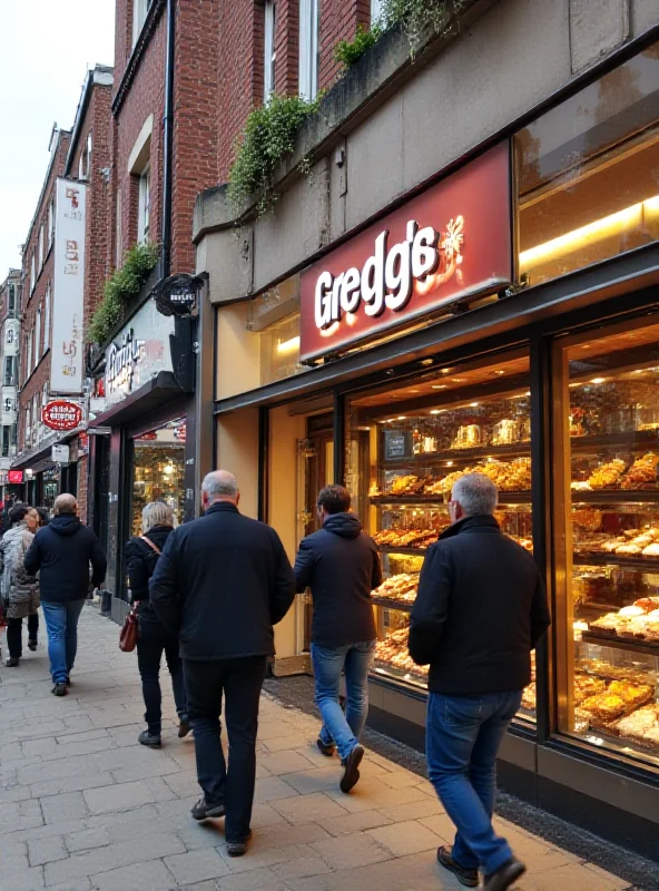 A Greggs store front with customers walking in and out