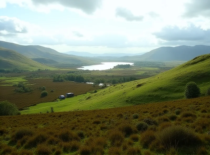 A scenic view of the Scottish Highlands with mountains, lochs, and green valleys, representing the Inverbroom estate rewilding project