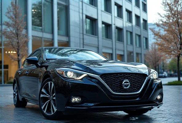 A modern Nissan car parked in front of a corporate building, symbolizing the company's future direction and leadership.