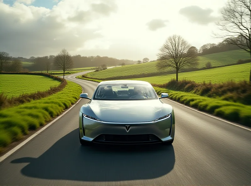 An image of a Tesla car driving on a UK road