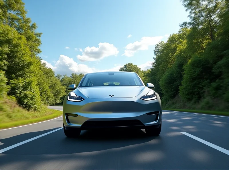 A sleek, modern Tesla Model Y driving on a scenic road.