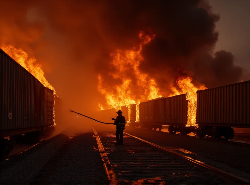 A dramatic scene of a freight train engulfed in flames, with emergency responders working to extinguish the fire.