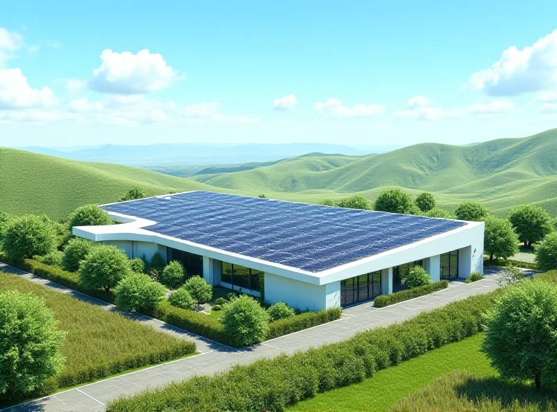 A modern factory with solar panels and green spaces surrounding it.