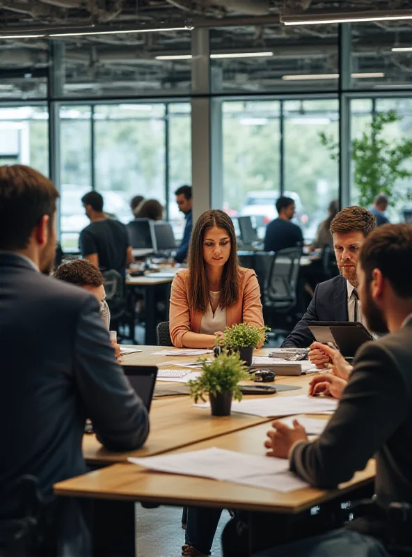 A busy office scene with Deloitte employees collaborating in a modern workspace.