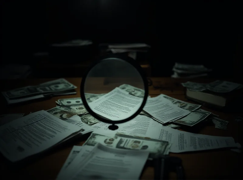 A dimly lit, cluttered room with stacks of cash and financial documents scattered across a table. A magnifying glass is hovering over a document, suggesting scrutiny and investigation.