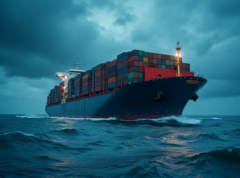 A vast container ship sailing on a stormy sea, representing the challenges and uncertainty in the container shipping industry.