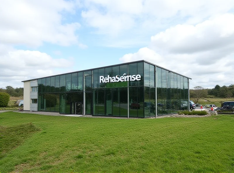 Exterior shot of the new Rehasense headquarters in Cornwall, a modern building with the company logo prominently displayed.