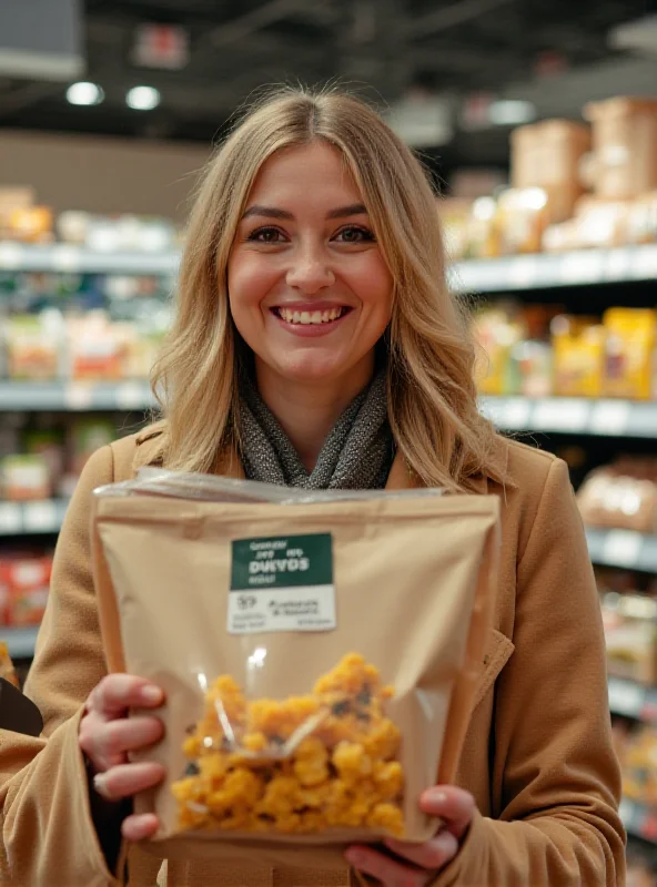 A happy O2 customer holding a bag of M&S food, smiling at the camera.