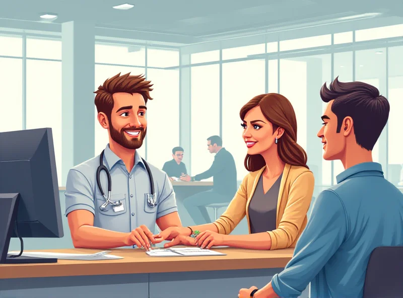 Illustration of a customer service representative helping a customer at a bank.