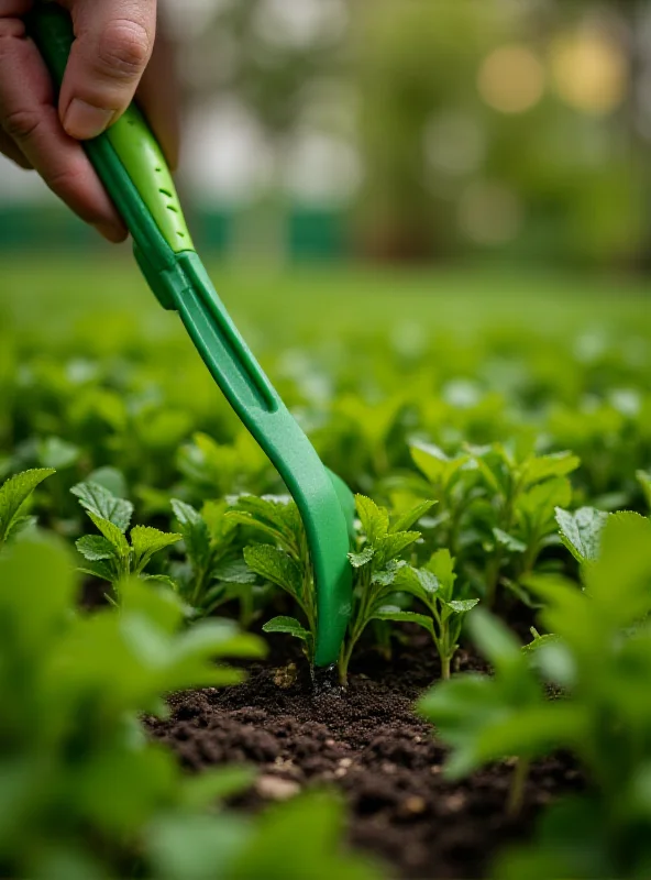 Close-up of the weed extractor tool in use.