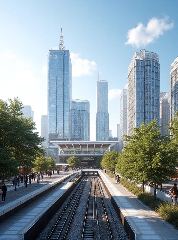 A modern architectural rendering of the Old Oak Common station and surrounding buildings, including the Icon Tower. The image showcases the futuristic design of the station and the vibrant urban landscape, highlighting the economic transformation and development occurring in the area due to the HS2 project.