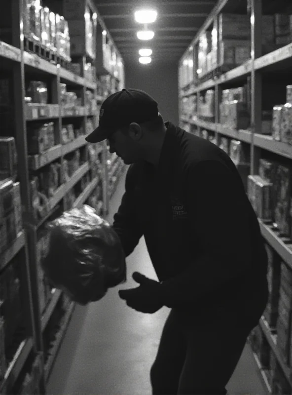 Security camera footage showing a shadowy figure stealing mobile phones from a warehouse.