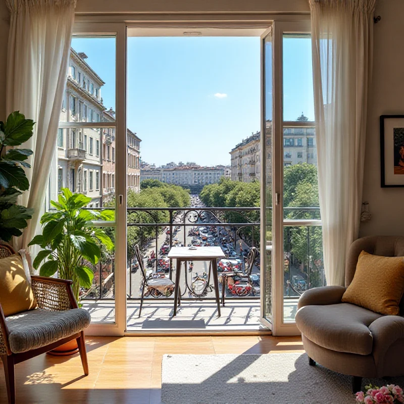 A modern tourist apartment with a balcony overlooking a vibrant city street.