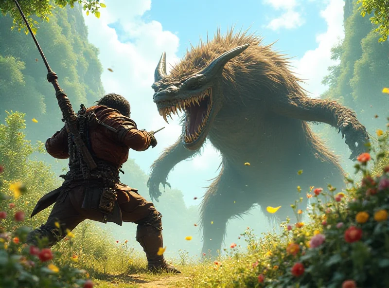 A dynamic scene from Monster Hunter Wilds showing a hunter battling a large monster in a vibrant environment.