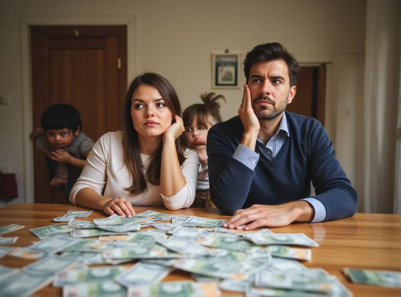 A stressed couple looking at bills with children playing in the background.