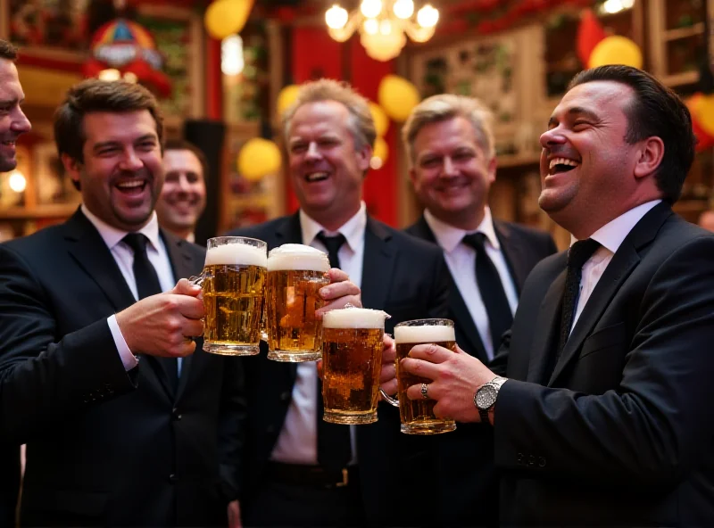 A group of business people laughing and holding beer steins at a carnival-themed event.