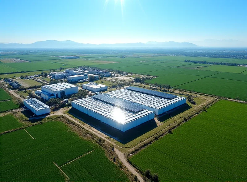 An aerial view of a large battery storage facility with solar panels in the background.