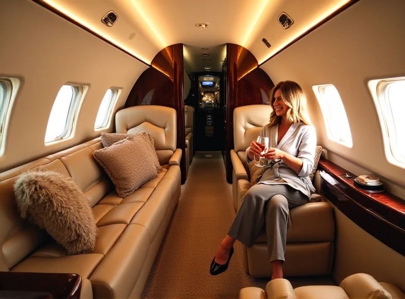 Four Seasons private jet interior, luxurious and spacious, with passengers enjoying drinks.