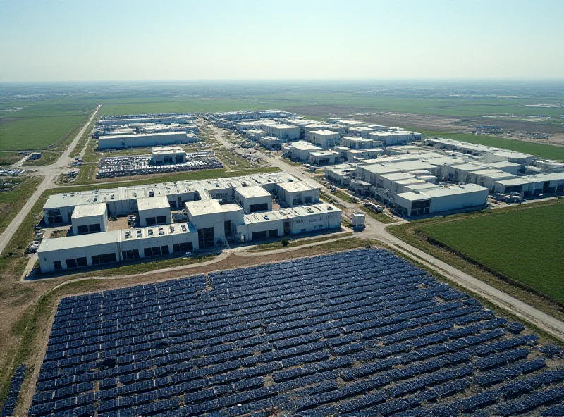 Aerial view of a large data center complex with solar panels in the foreground.