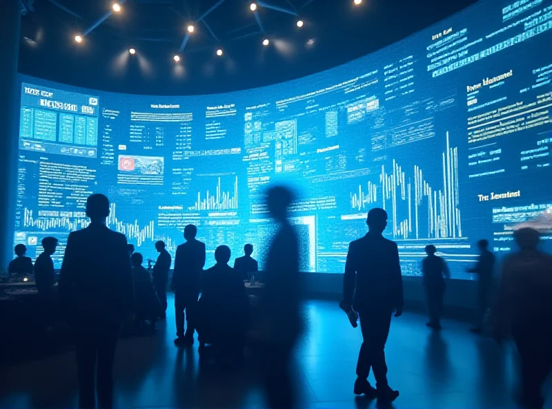 Abstract representation of a technology conference with screens displaying financial data and company logos.