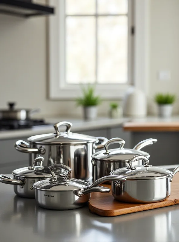 A gleaming new cookware set on a kitchen counter.