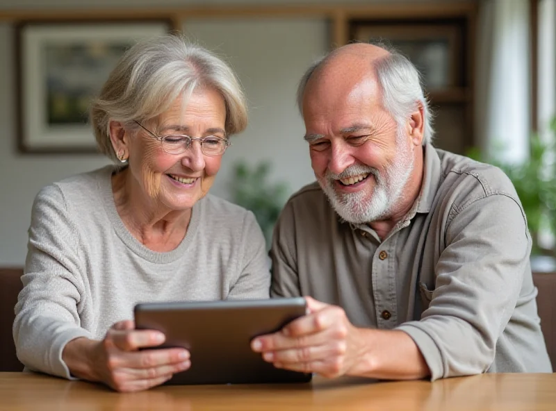 A mature couple smiling and looking at a tablet, representing retirement planning.