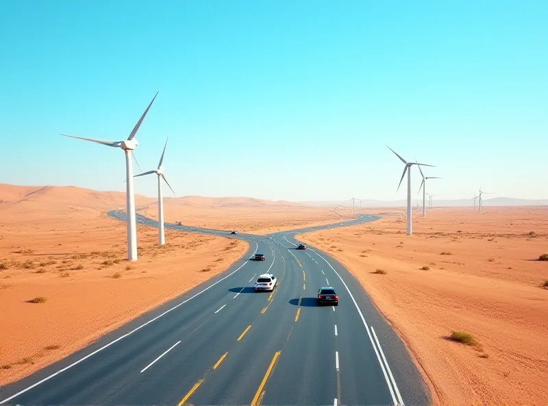 Conceptual image of a modern highway winding through a desert landscape, with wind turbines in the background, symbolizing infrastructure development in Turkmenistan.