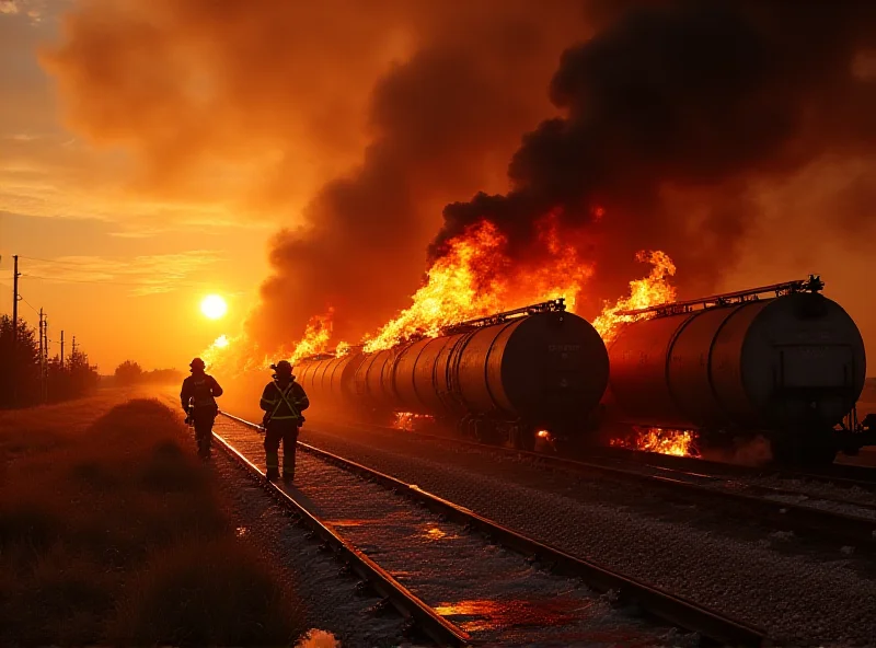 A dramatic scene of a tanker train engulfed in flames, with firefighters battling the blaze using water hoses and foam. Smoke billows into the sky.