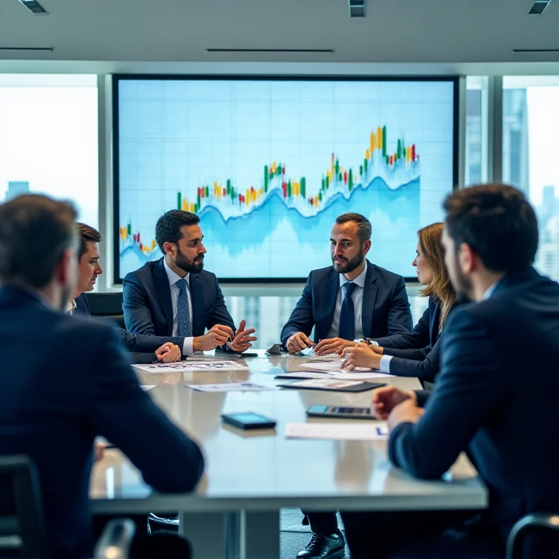 A diverse group of financial professionals in a modern office setting, discussing market trends and investment strategies around a large table.