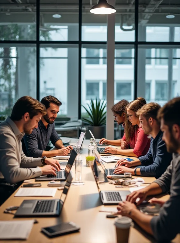 A diverse team of startup employees collaborating around a table with laptops and discussing technical strategies.