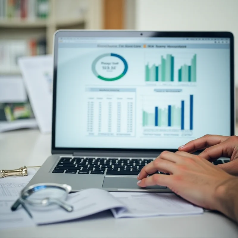 A person working on a budget spreadsheet on a laptop with financial charts and graphs visible on the screen.